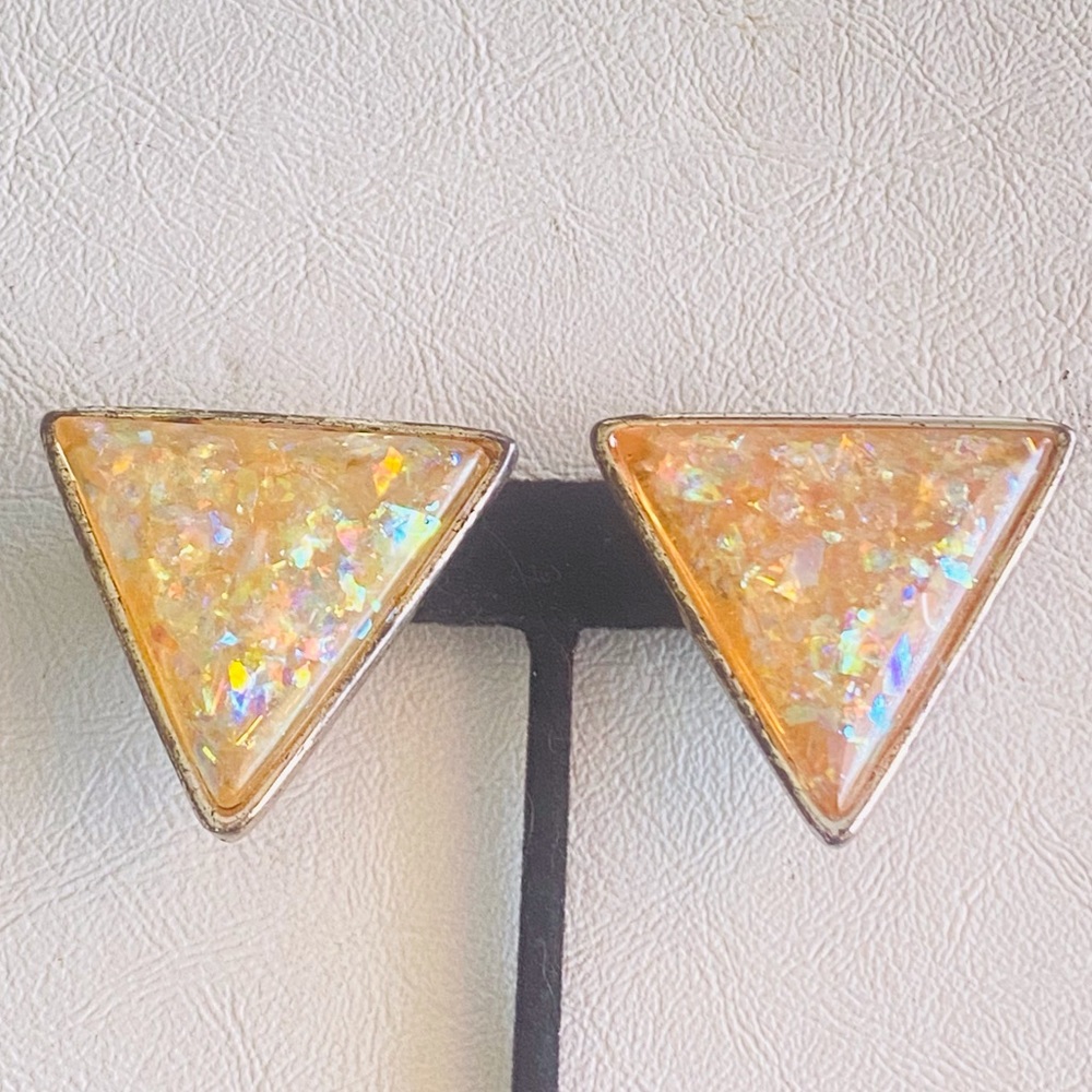 Oversized Triangle Iridescent Opal Clip On Earring - image 5